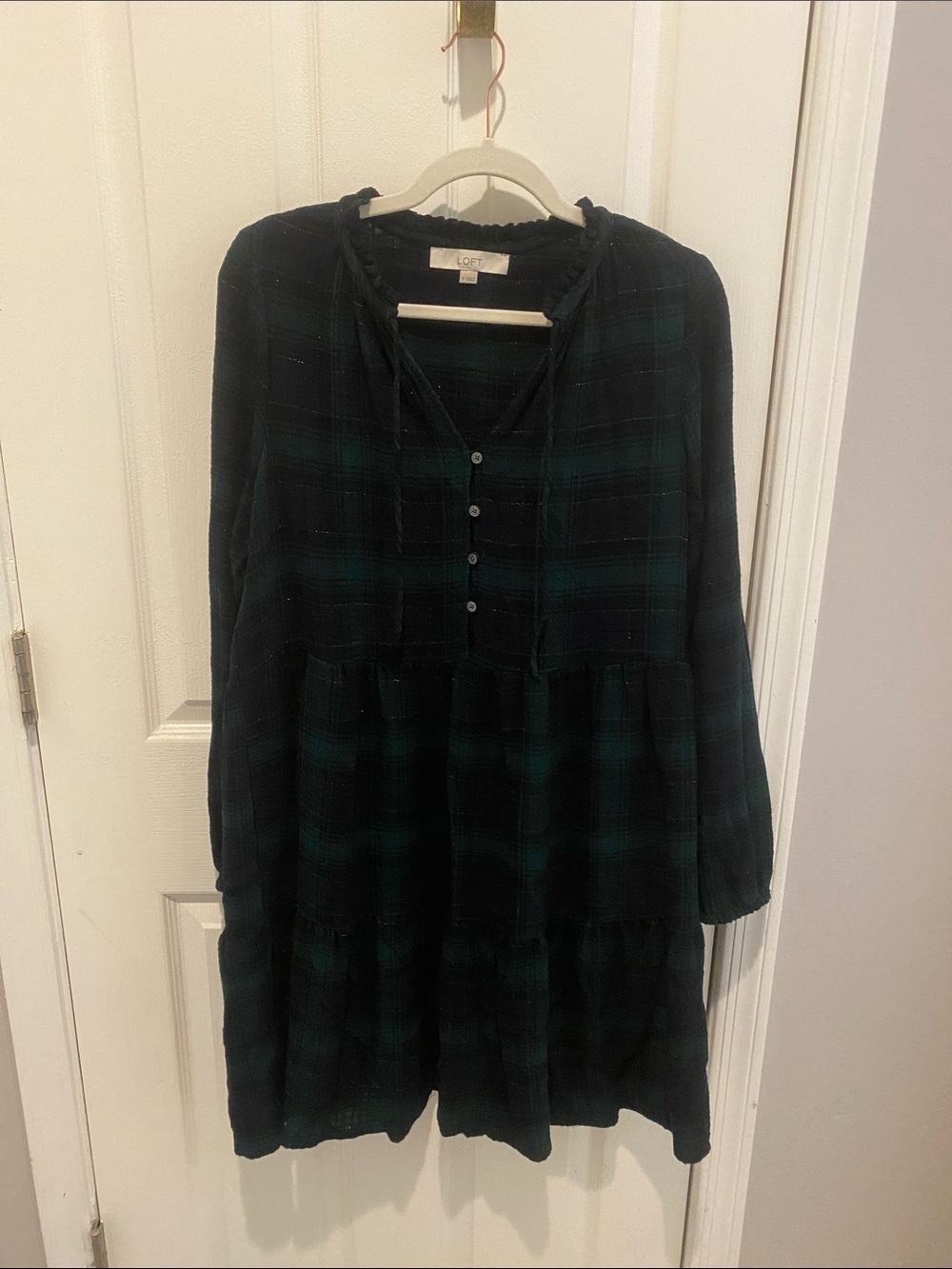 LOFT Navy and Dark Green Plaid Tiered Button Tunic Dress Size M